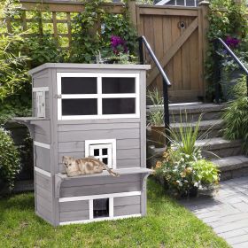 Outdoor Cat House, 3-Tier Kitty Shelter with 5 Escape Doors, Weather Resistant, Gray & White