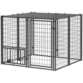 Outdoor Dog Run with Adjustable & Rotatable Dog Bowls, Sun-Shade Cover, for Small and Medium Dogs, 4.6' x 4.6' x 3.7'