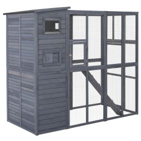 Outdoor Wooden Catio with 4 Tier Main House, Ramp, Platforms, Asphalt Roof, Ramps, Sliding Door, Window, Grey
