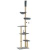 Floor to Ceiling Cat Tree, 90.5" - 98.5" Cat Tower with Scratching Post, Dangling Balls, Platforms, Bed, Hammock, Grey