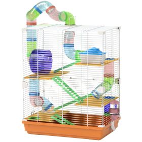 5 Tiers Hamster Cage Portable with Exercise Wheels Play Tube Water Bottle Dishes House Ladder for Gerbils, Orange