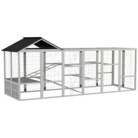 142" Outdoor Wooden Chicken Coop with Run, Ramps, Perches, Storage, Combinable Design for 6 - 10 Chickens, Grey
