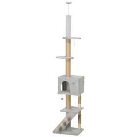 89"-104" Floor to Ceiling Cat Tree w/ Scratching Post, Cat House, 3-Steps, Hanging Ball, Perches, Light Grey