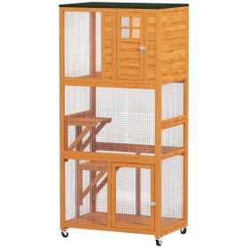 74" Wooden Outdoor Cat House Weatherproof & Wheeled with High Weight Capacity, Kitten Cage Condo, Orange