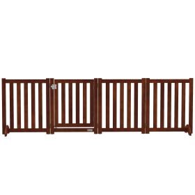 Foldable Dog Gate with Door, 4 Panels Fressstanding Pet Gate, Brown