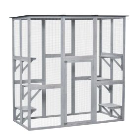 Large Outdoor Catio Enclosure, Weatherproof Cat House with Asphalt Roof, Wooden Cat Patio Cage with 6 Balanced Platforms, 71" x 39" x 71", Grey