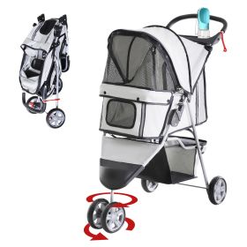 3 Wheels Foldable Dog Stroller with Storage Basket, Adjustable Canopy, Cupholder for Miniature and Small Dogs, Grey