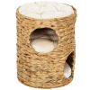 2-Storey Cat Condo Barrel, Small Cat Tree Tower with Top Perch and 2 Hideaways, 2 Entrances, 3 Cushions, Light Brown