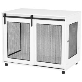 39" Dog Crate Furniture with Sliding Barn Door, Furniture Style Dog Cage End Table for Large Dogs, White