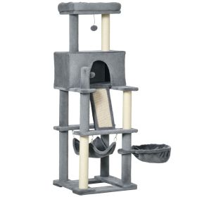 55" Cat Tree for Indoor Cats, Cat Tower, Kitty Activity Center with Cat Bed Ramp Condo Hammocks Hanging Ball Toys Sisal Rope Scratching Post, Grey