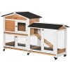 62" Wooden Rabbit Hutch with Wheels, Run Box, Tray, Ramp for Small Animals, Guinea Pig, Indoor Outdoor Use, Yellow