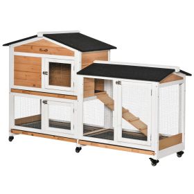 62" Wooden Rabbit Hutch with Wheels, Run Box, Tray, Ramp for Small Animals, Guinea Pig, Indoor Outdoor Use, Yellow