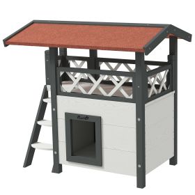 Wooden 2-Story Shelter for Feral Cats with Asphalt Roof, Stairs, Balcony, 30" x 20" x 29", White