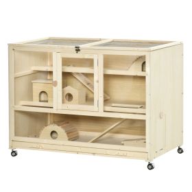 Wooden Hamster Cage, 3 Tier Rat Cage with Openable Roof, Run, Ladders, Run, Ladders, Wheels, Tray, Natural Wood