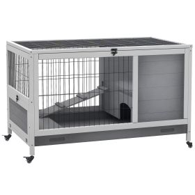 Wooden Indoor Rabbit Hutch Elevated Bunny Cage Habitat with Enclosed Run with Wheels, Suitable for Rabbits and Guinea Pigs, Grey