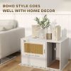 Cat Litter Box Enclosure, Cat Washroom End Side Table with Rattan Door, Scratching Pad, Non-slip Foot Pads, White