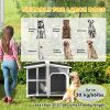 Wooden Dog House, Raised Pet Kennel with Removable Bottom, Openable Asphalt Roof, Door Curtain, Side Windows, Dark Grey