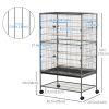 52'' Large Rolling Steel Bird Cage Bird House with Rolling Stand, Storage Shelf, Wood Perch, Food Container, Dark Grey