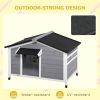 Wooden Cabin Style Outdoor Dog House with Openable Roof, Removable Bottom, Windows, Curtain, Foot Covers, Gray