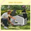 Wooden Cabin Style Outdoor Dog House with Openable Roof, Removable Bottom, Windows, Curtain, Foot Covers, Gray
