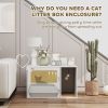 Cat Litter Box Enclosure, Cat Washroom End Side Table with Rattan Door, Scratching Pad, Non-slip Foot Pads, White