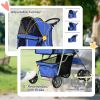 4 Wheel Dog Pet Stroller Dog Cat Carrier Folding Sunshade Canopy with Brake, Safety Leash, Cup Holder, Blue