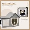 Large Cat Bed for Indoor, Cat House Hideaway with Soft Cushion, Scratching Pad, Dangling Ball, Dual Entrances, Grey