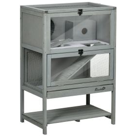 PawHut Hamster Cage Wooden 2-Tier Small Animal Hutch Exercise Playhouse Grey