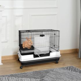 2-Level Small Animal Cage Rabbit Hutch with Wheels, Removable Tray, Platform and Ramp for Bunny, Chinchillas, Ferret, Black