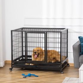 43" Heavy Duty Dog Crate with Removable Tray, Lockable Wheels and Double Door, for Large and Extra Large Dogs, Black