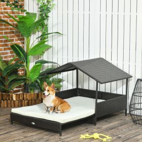 Outdoor Dog Bed Extendable Wicker Dog Bed w/ Waterproof Roof, Soft Cushion, for Small and Medium Dogs, Cream White