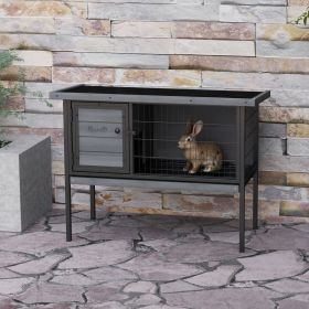 Wooden Rabbit Hutch Elevated with No Leak Tray, Openable Roof for Indoor/Outdoor, Gray