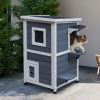 Outdoor Cat House with Escape Door, Weatherproof 2-Story Wooden Feral Cat Shelter with Opening Asphalt Roof, Dark Gray
