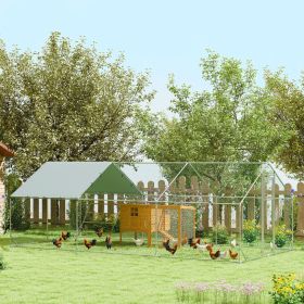 Metal Chicken Run w/ Waterproof & Anti-UV Cover, Feeding Door, Hanging Feeder, for 18-24 Chickens, 9.8' x 19.7' x 6.4'