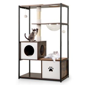 Stylish Wood-Metal Cat Tree - 33 lbs Per Layer Capacity, 2 Private Condos + 2 Relaxation Platforms, Complements Room Decor