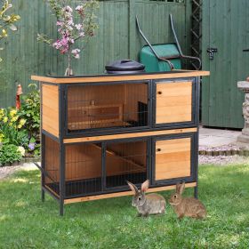 48" 2-Story Large Rabbit Hutch Bunny Cage Wooden Pet House Metal Frame with Individual Room, Ramp, No Leak Tray, Feeding Trough