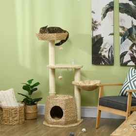 Cat Tree, 47" Cat Tower for Indoor Cats with Cattail Fluff Cat Condo, Cat Beds, Jumping Platform, Scratching Posts, Hanging Toy Ball, Natural