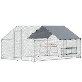 Metal Chicken Coop Run w/ Waterproof Cover, Nesting Box, Roosting Bars, for Outdoor Backyard, 9.8 x 13.1 x 6.4 ft