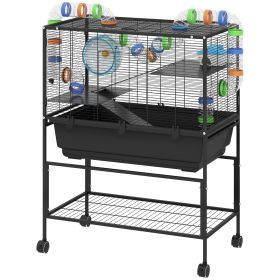 3 Tier Rolling Hamster Cage with 7" Deep Tray, Storage Shelf, Big Exercise Wheel, Tube System, for Syrian, Gerbil, Rat
