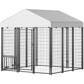 Outdoor Dog Kennel with Waterproof UV-Resistant Cover, Rotating & 4-Level Adjustable Feeding Bowls, 6 x 6 x 6 ft