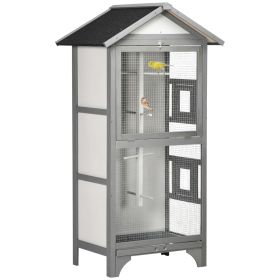 Wooden Bird Aviary Parrot Cage Pet Furniture with Removable Bottom Tray, 2 Doors, Asphalt Roof, 4 Perches, Light Grey