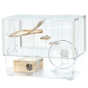Hamster Cage with Deep Bottom, Wooden Ramp, Hut, Bathroom and Exercise Wheel for Hamster and Gerbil, White
