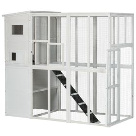 68.7" H Cat Cage Large Wooden Outdoor Cat House with Large Run for Play, Catio for Lounging, and Condo Area for Sleeping, White