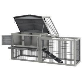 Wood Rabbit Hutch w/ Ramp, Openable Roof, Pull-out Tray, Light Grey