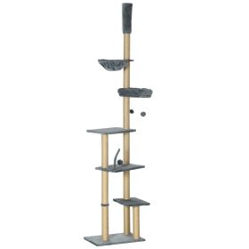 Floor to Ceiling Cat Tree, 90.5" - 98.5" Cat Tower with Scratching Post, Dangling Balls, Platforms, Bed, Hammock, Grey