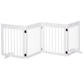 Freestanding Pet Gate 4 Panel Wooden Dog Barrier Folding Safety Fence with Support Feet up to 80.25" Long 24" Tall for Doorway Stairs White