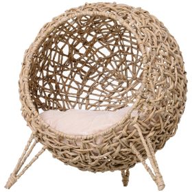 Rattan Cat House with Cushion, Elevated Wicker Kitten Bed for Indoor Cats, Natural Wood