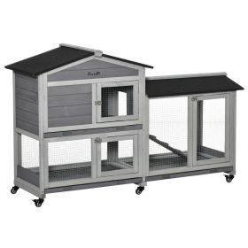 62" Wooden Rabbit Hutch with Wheels, Run Box, Tray, Ramp for Small Animals, Guinea Pig, Indoor Outdoor Use, Light Grey