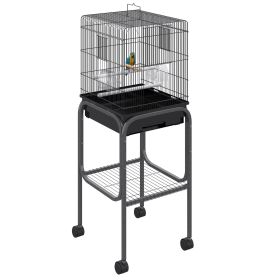 44.5"H Metal Bird Cage Parrot Play Spot Stand with Wheel, Storage Shelf, Multi-doors - Black
