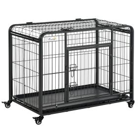 Folding Heavy Duty Dog Crate Heavy Duty Cage for Medium Sized Dogs with Double Doors, Lockable Wheels Tray, 37" x 23" x 27"